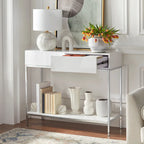 White High Gloss Console Table with Chrome Frame and Two Drawers