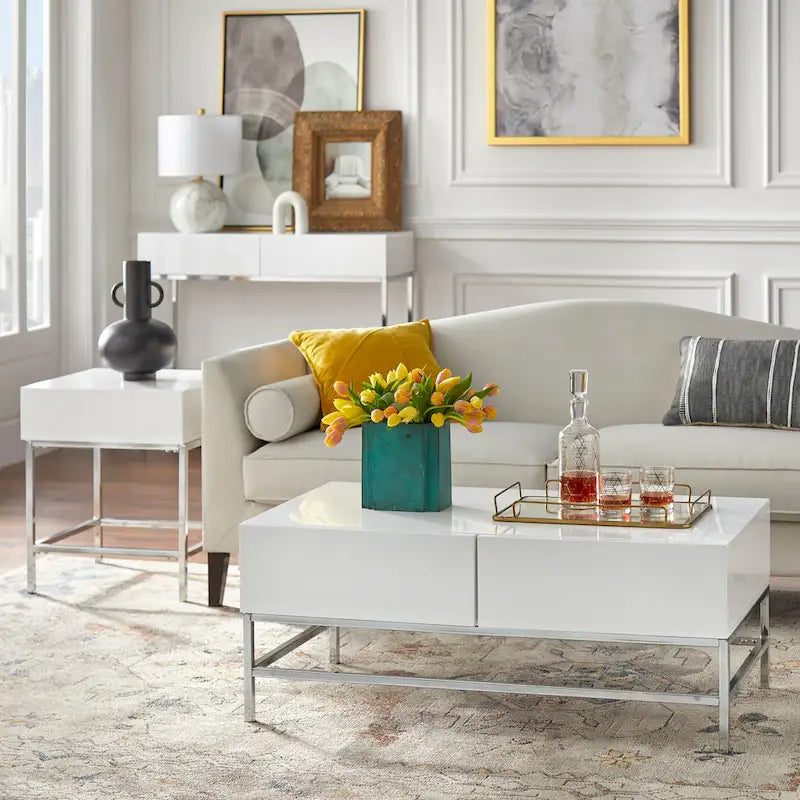 White High Gloss Console Table with Chrome Frame and Two Drawers