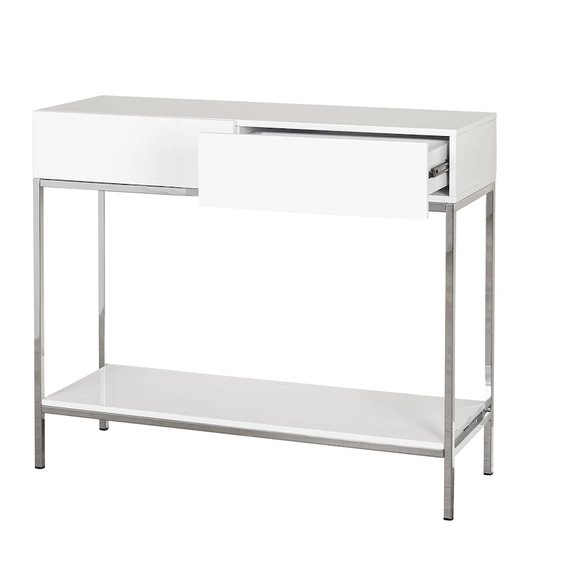 White High Gloss Console Table with Chrome Frame and Two Drawers