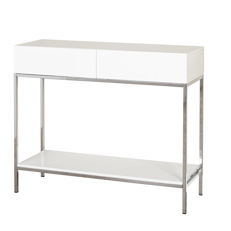 White High Gloss Console Table with Chrome Frame and Two Drawers
