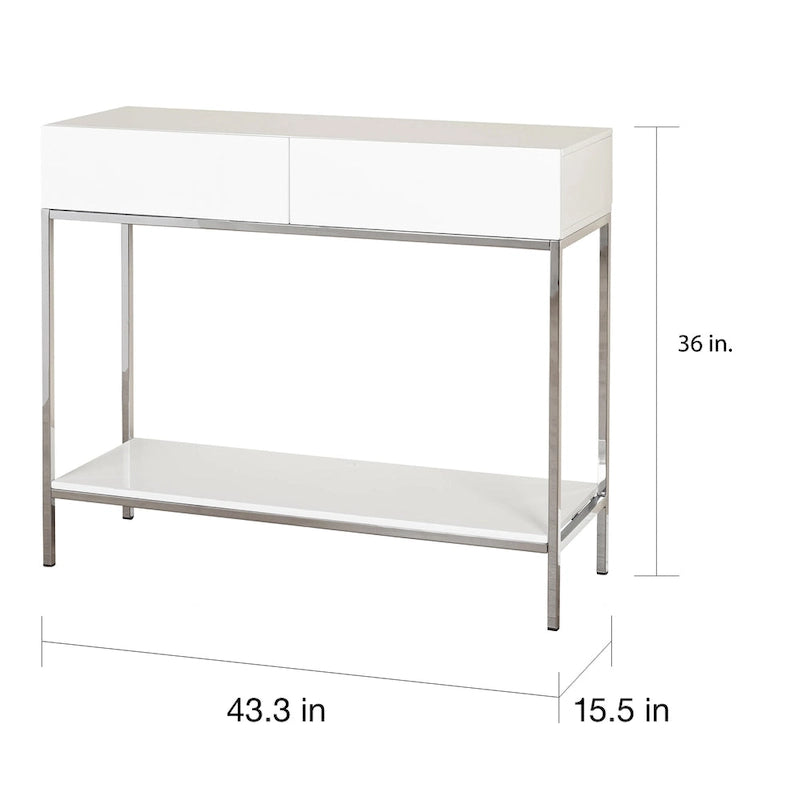 White High Gloss Console Table with Chrome Frame and Two Drawers