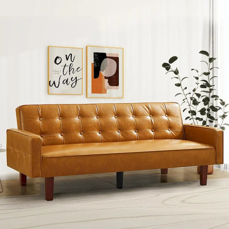 3-Seater Convertible Faux Leather Futon Sofa Bed with Channel Tufting