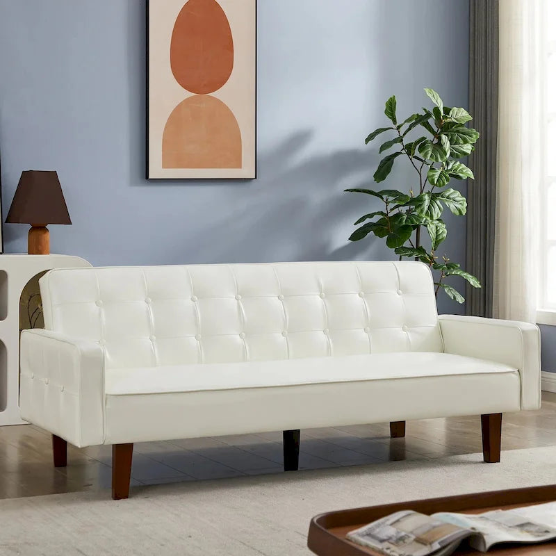 3-Seater Convertible Faux Leather Futon Sofa Bed with Channel Tufting