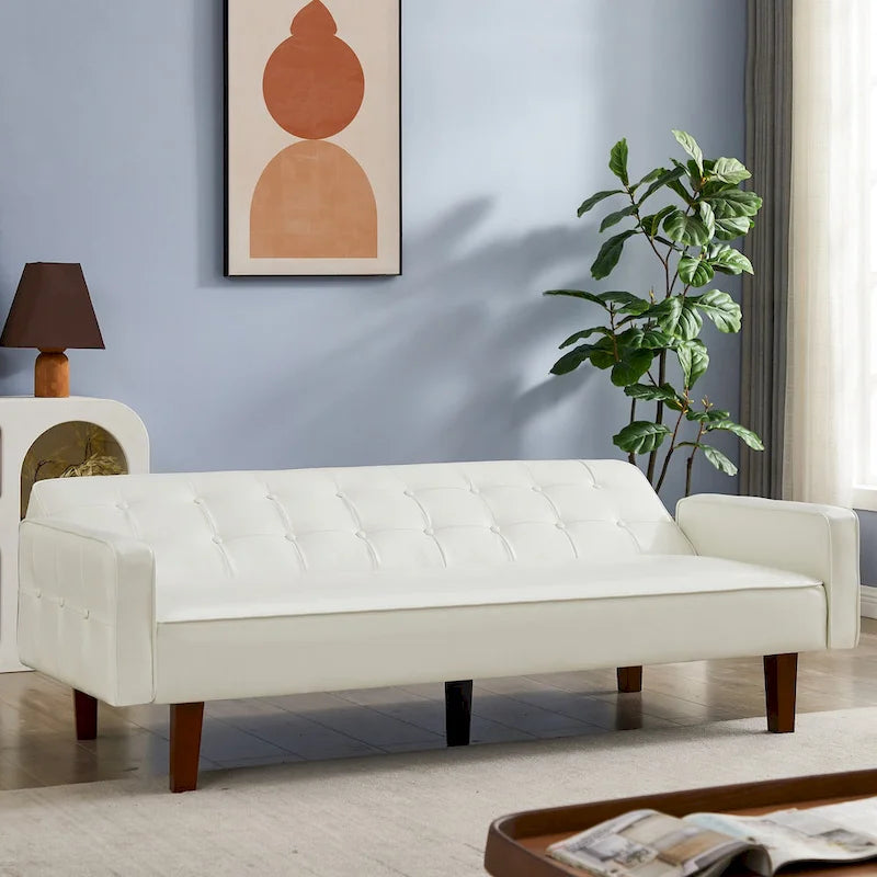 3-Seater Convertible Faux Leather Futon Sofa Bed with Channel Tufting