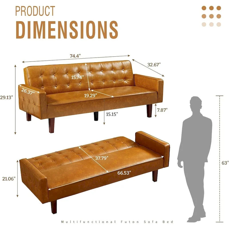 3-Seater Convertible Faux Leather Futon Sofa Bed with Channel Tufting