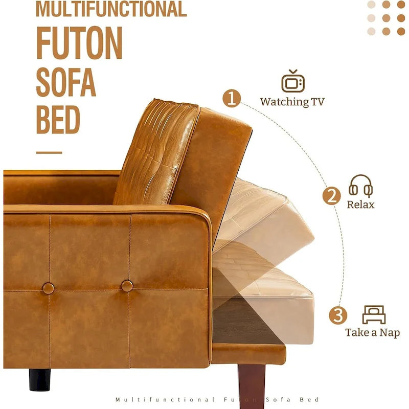 3-Seater Convertible Faux Leather Futon Sofa Bed with Channel Tufting