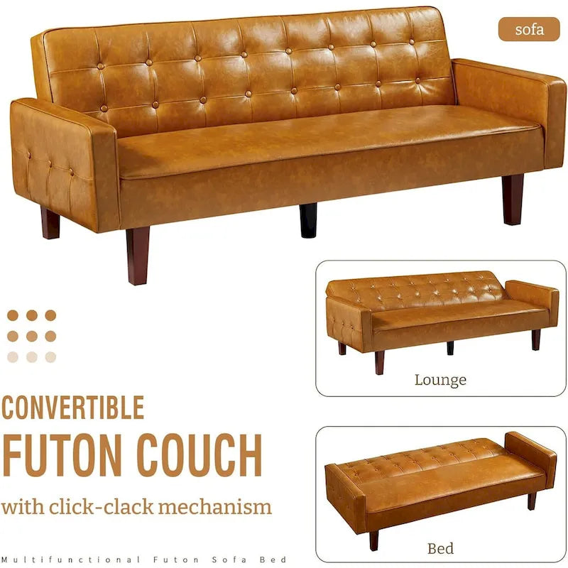 3-Seater Convertible Faux Leather Futon Sofa Bed with Channel Tufting