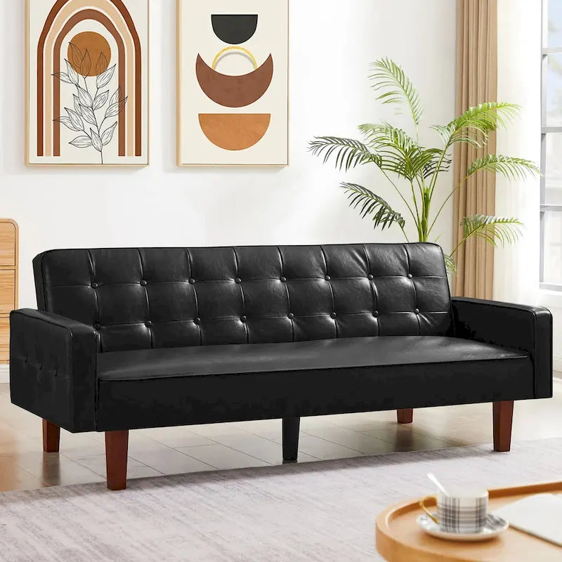 3-Seater Convertible Faux Leather Futon Sofa Bed with Channel Tufting