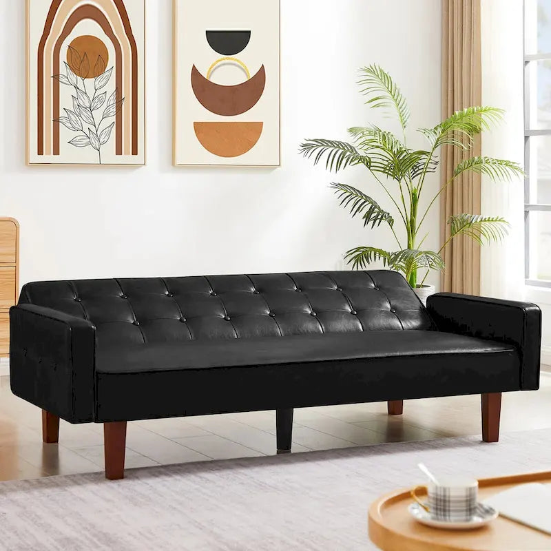 3-Seater Convertible Faux Leather Futon Sofa Bed with Channel Tufting