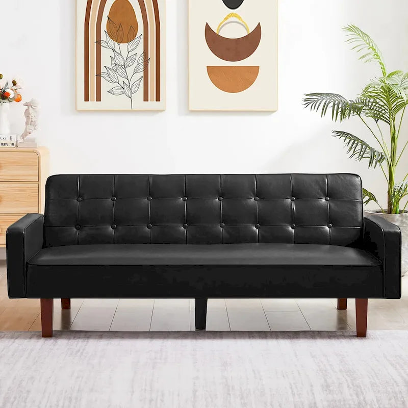 3-Seater Convertible Faux Leather Futon Sofa Bed with Channel Tufting