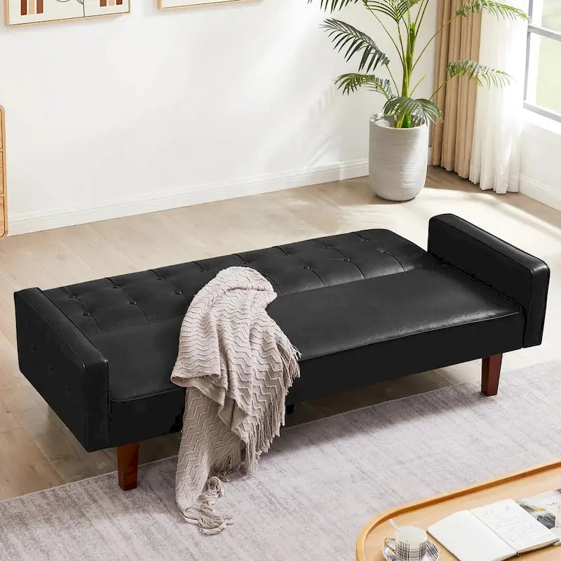 3-Seater Convertible Faux Leather Futon Sofa Bed with Channel Tufting