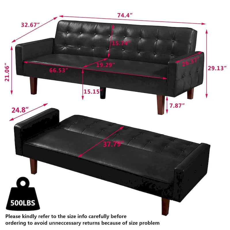 3-Seater Convertible Faux Leather Futon Sofa Bed with Channel Tufting