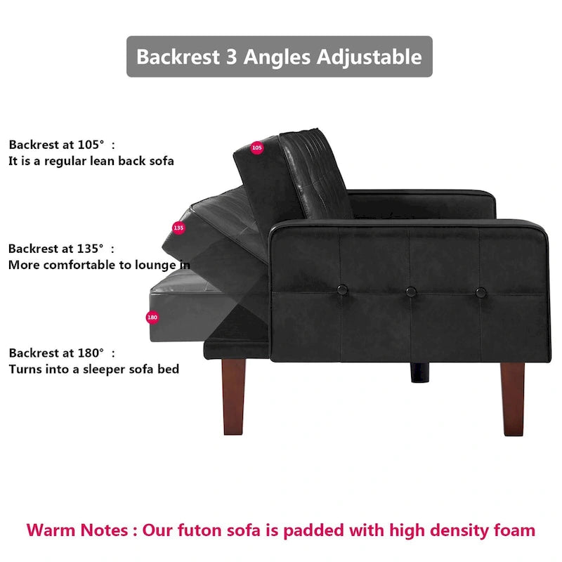 3-Seater Convertible Faux Leather Futon Sofa Bed with Channel Tufting