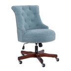 Aqua Button-Tufted Swivel Office Chair with Walnut Wood Base