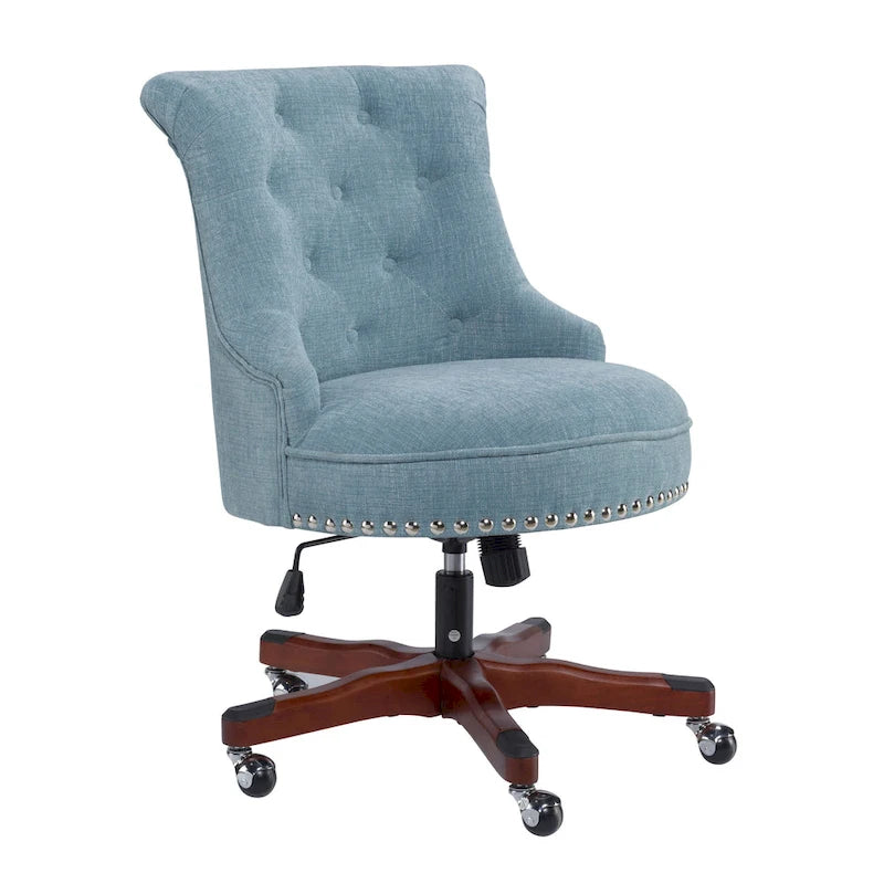Aqua Button-Tufted Swivel Office Chair with Walnut Wood Base