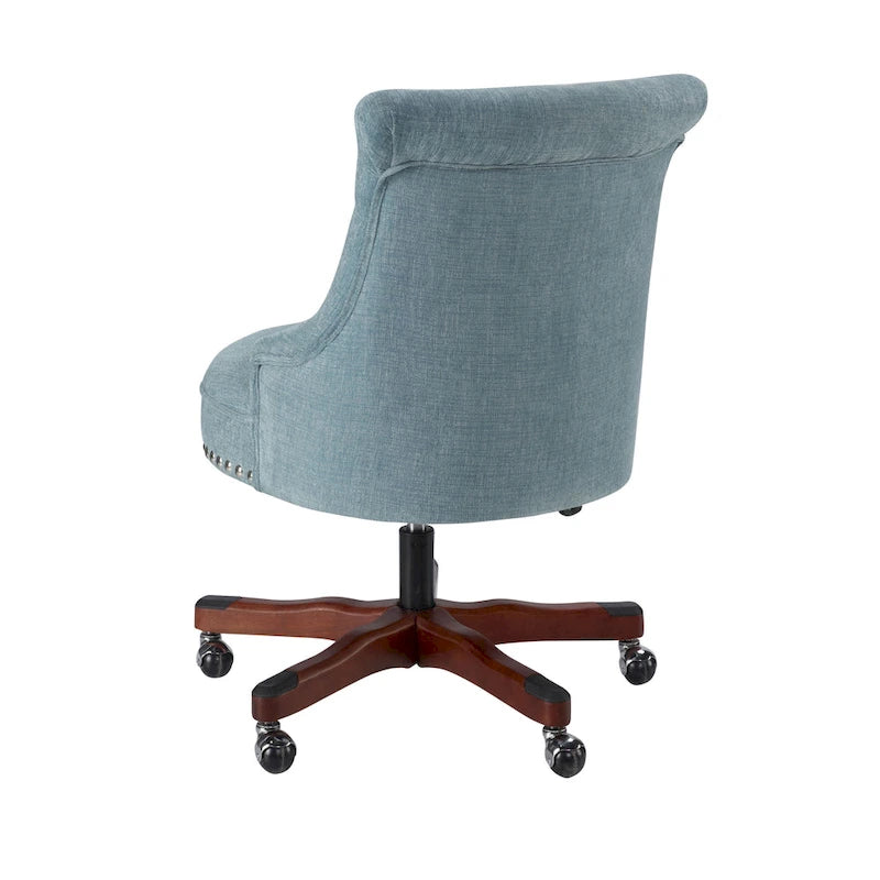 Aqua Button-Tufted Swivel Office Chair with Walnut Wood Base
