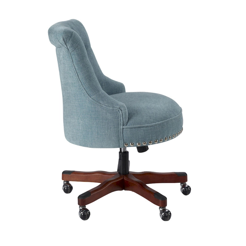 Aqua Button-Tufted Swivel Office Chair with Walnut Wood Base