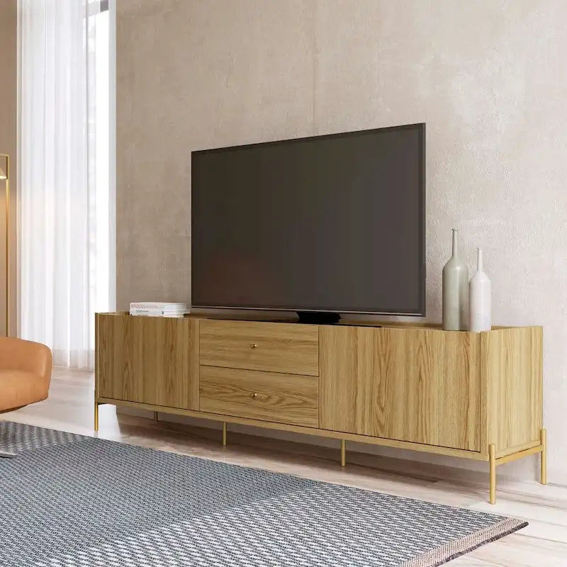 87 Inch Modern Media Cabinet Console with Gold Accents for Living Room