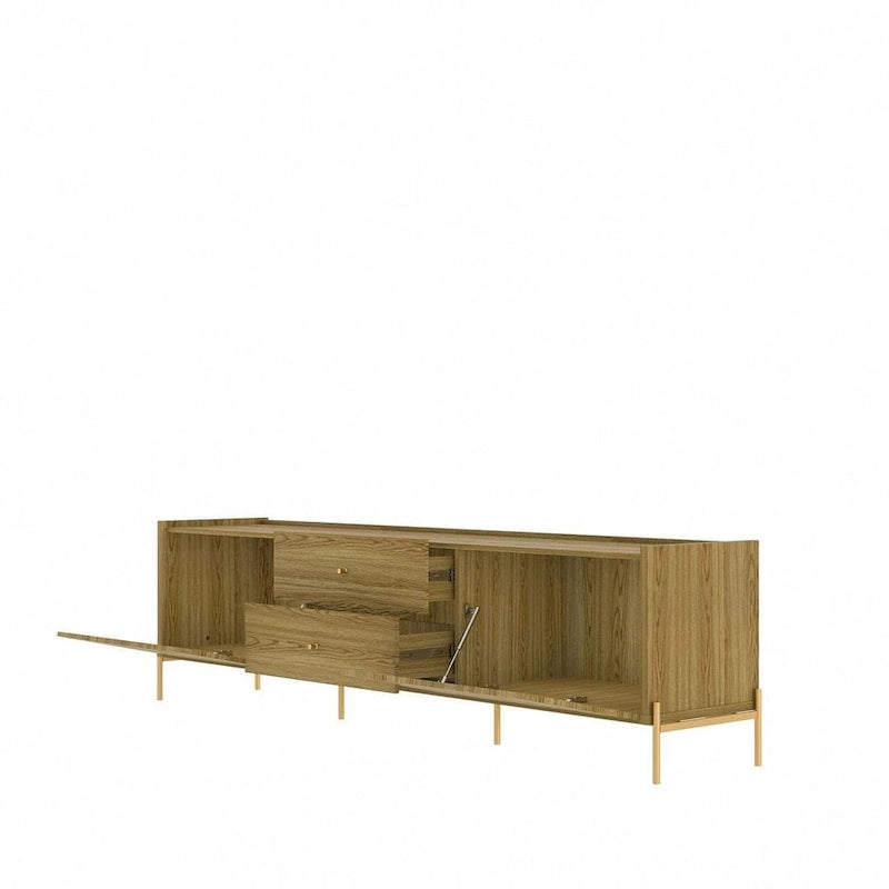 87 Inch Modern Media Cabinet Console with Gold Accents for Living Room