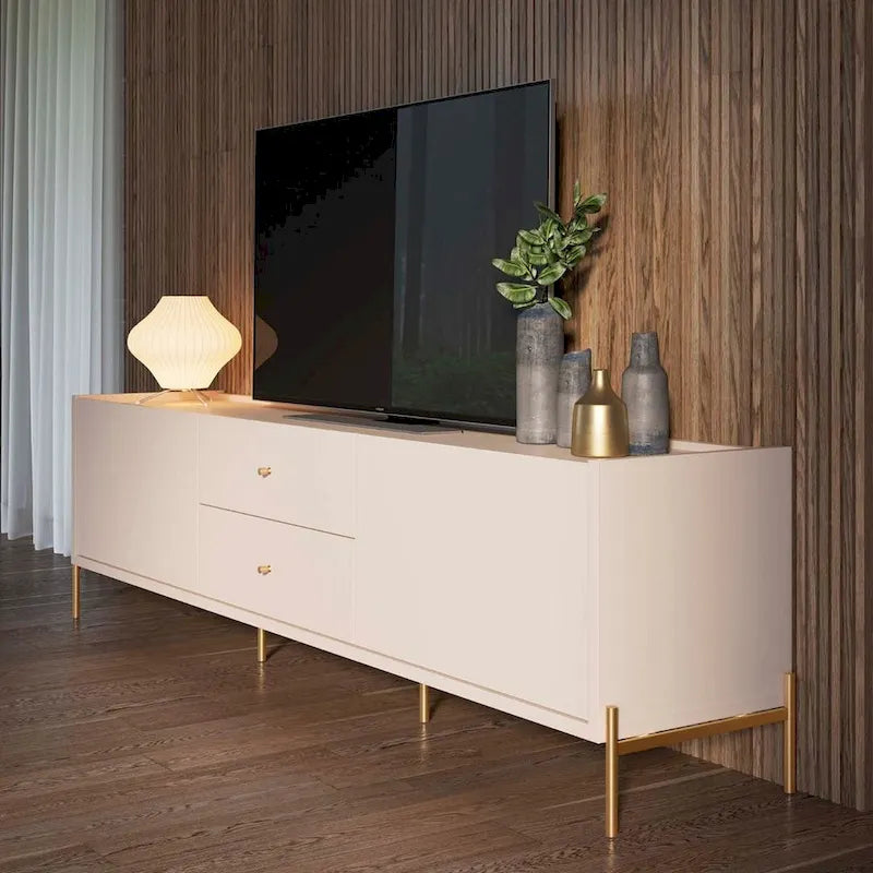 87 Inch Modern Media Cabinet Console with Gold Accents for Living Room