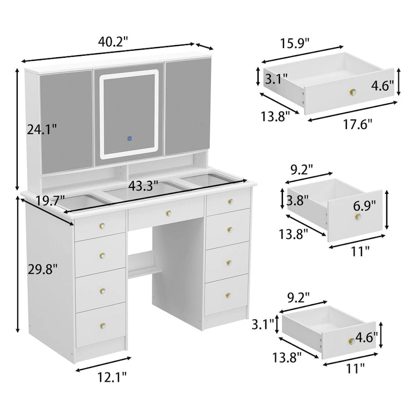 Vanity Desk with LED Lights 3 Color Settings and 9 Storage Drawers