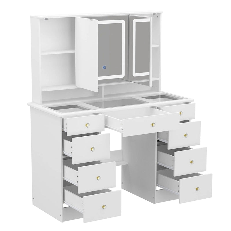 Vanity Desk with LED Lights 3 Color Settings and 9 Storage Drawers