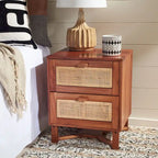 2-Door Rattan Accent Table Nightstand with Open Crossed Base