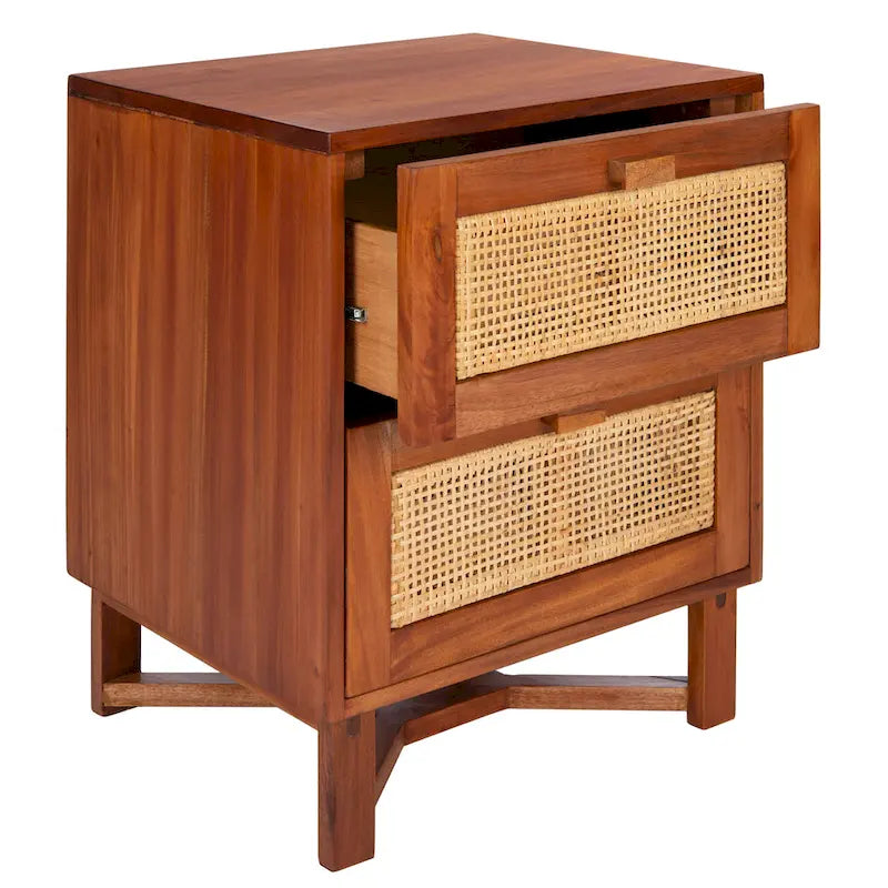 2-Door Rattan Accent Table Nightstand with Open Crossed Base