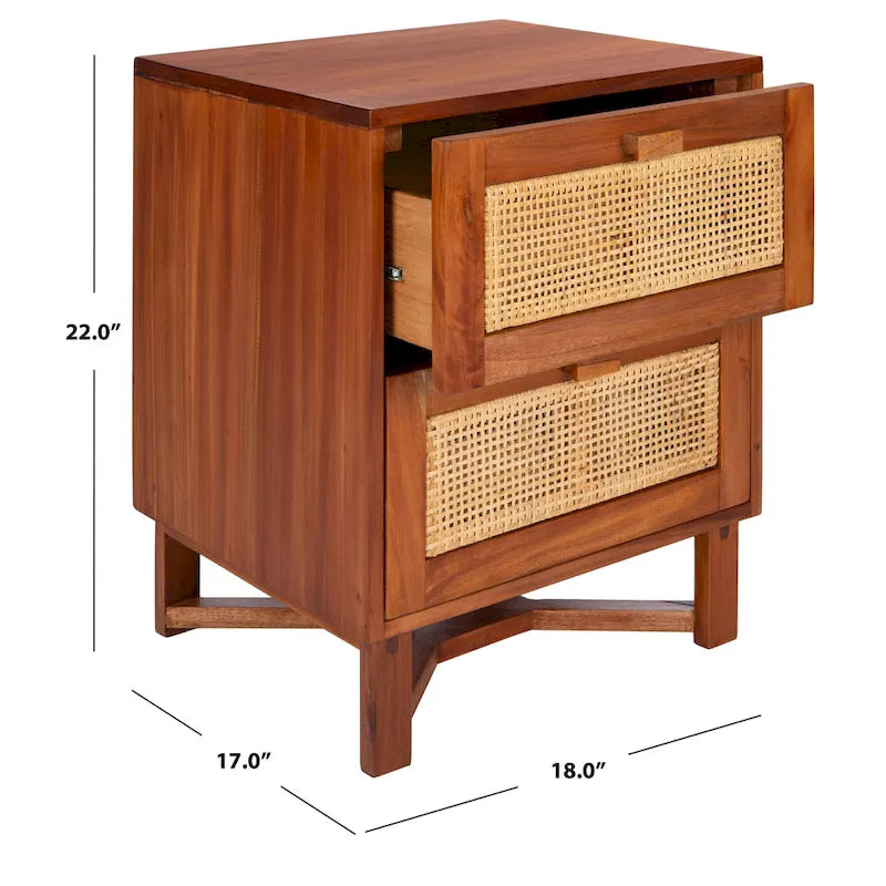 2-Door Rattan Accent Table Nightstand with Open Crossed Base