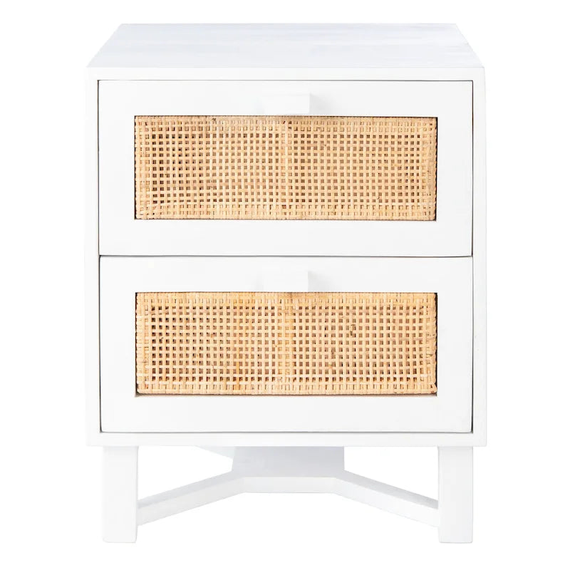 2-Door Rattan Accent Table Nightstand with Open Crossed Base