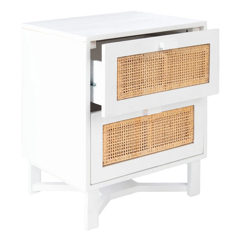 2-Door Rattan Accent Table Nightstand with Open Crossed Base