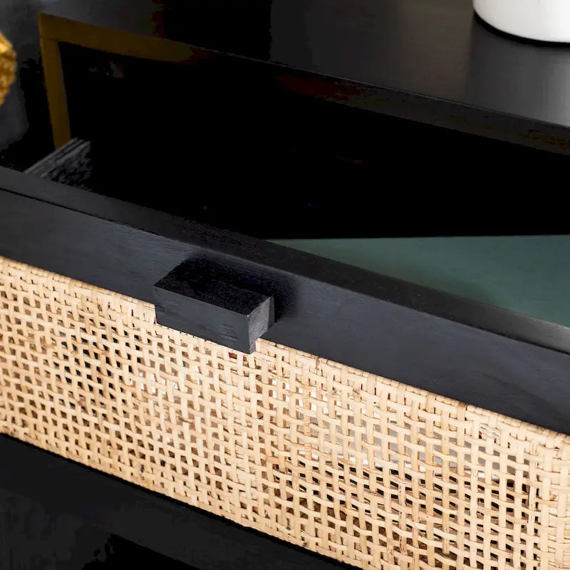 2-Door Rattan Accent Table Nightstand with Open Crossed Base