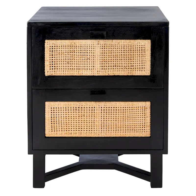 2-Door Rattan Accent Table Nightstand with Open Crossed Base
