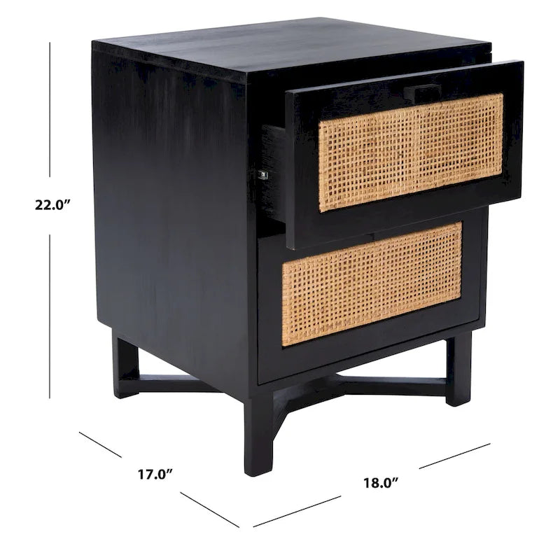 2-Door Rattan Accent Table Nightstand with Open Crossed Base
