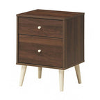 2-Drawer Walnut Nightstand with Rubberwood Splay Legs 18x16x24 Inch