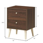 2-Drawer Walnut Nightstand with Rubberwood Splay Legs 18x16x24 Inch