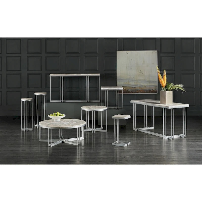 Round Cocktail Table with Pewter Metal Base and Onyx Stone Top