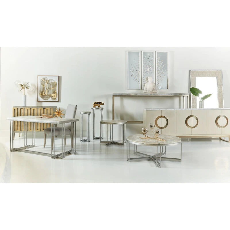 Round Cocktail Table with Pewter Metal Base and Onyx Stone Top