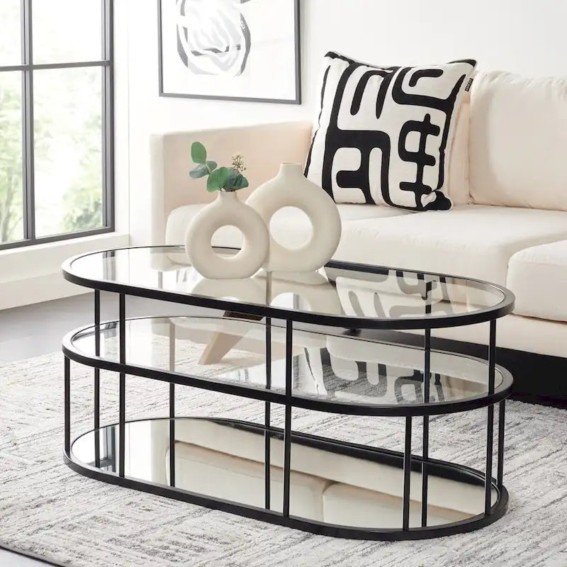 Art Deco Coffee Table with Two Glass Tiers and Mirrored Shelf
