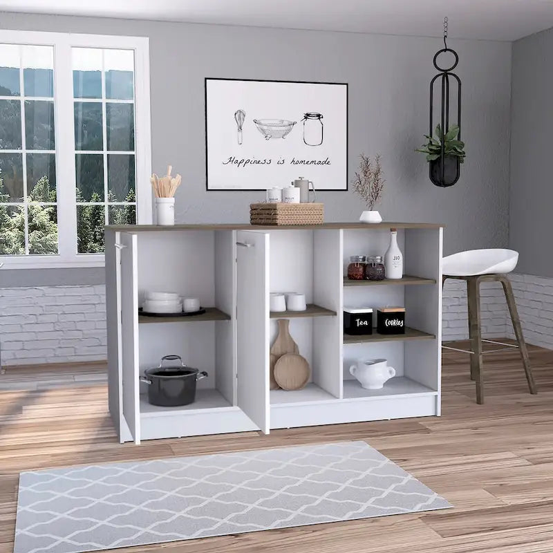 Kitchen Island with Two Cabinets and Three Open Shelves Metal Hardware