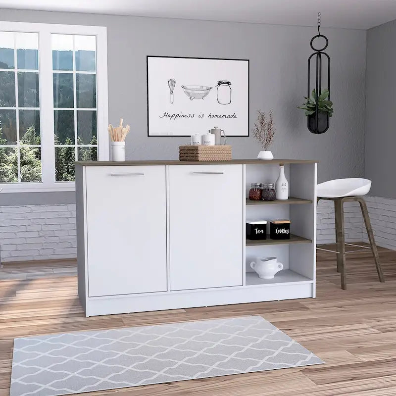 Kitchen Island with Two Cabinets and Three Open Shelves Metal Hardware