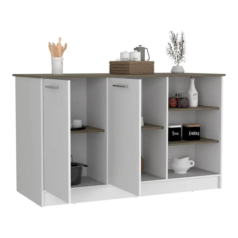 Kitchen Island with Two Cabinets and Three Open Shelves Metal Hardware
