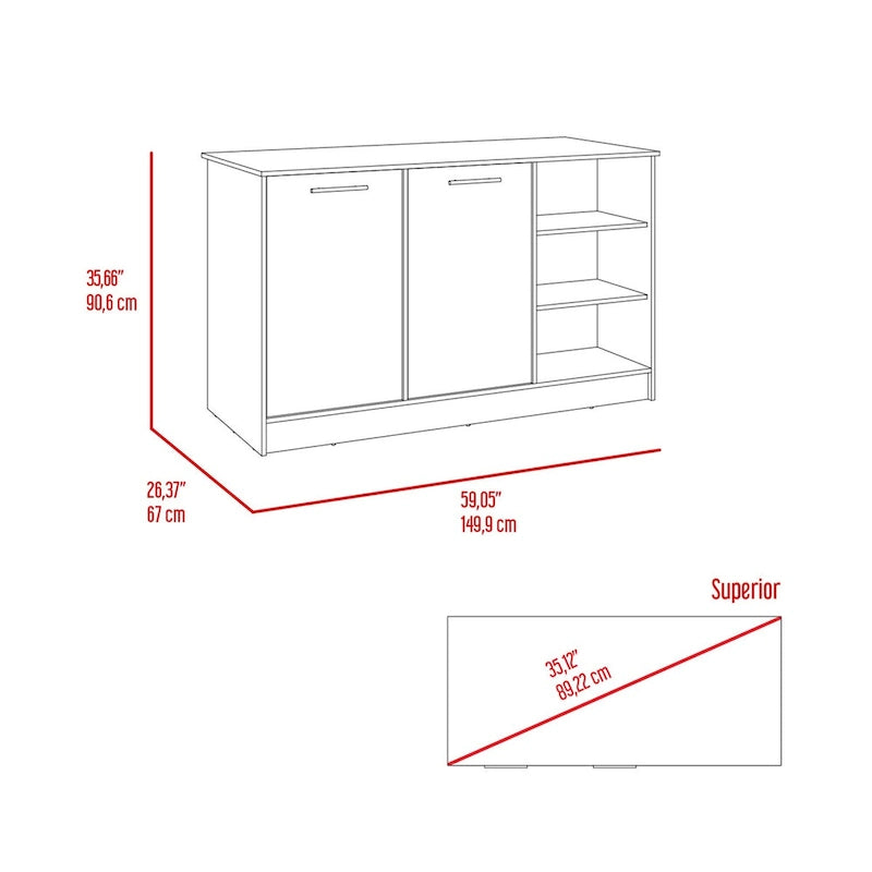 Kitchen Island with Two Cabinets and Three Open Shelves Metal Hardware