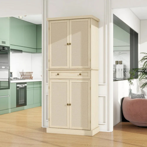 4-Door Rattan Storage Cabinet with Drawer and Adjustable Shelves