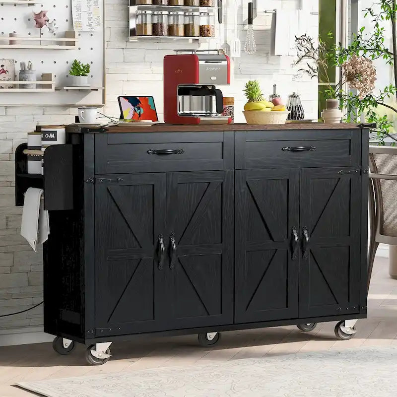 53.5-Inch Farmhouse Kitchen Island with Power Outlet and Drop Leaf