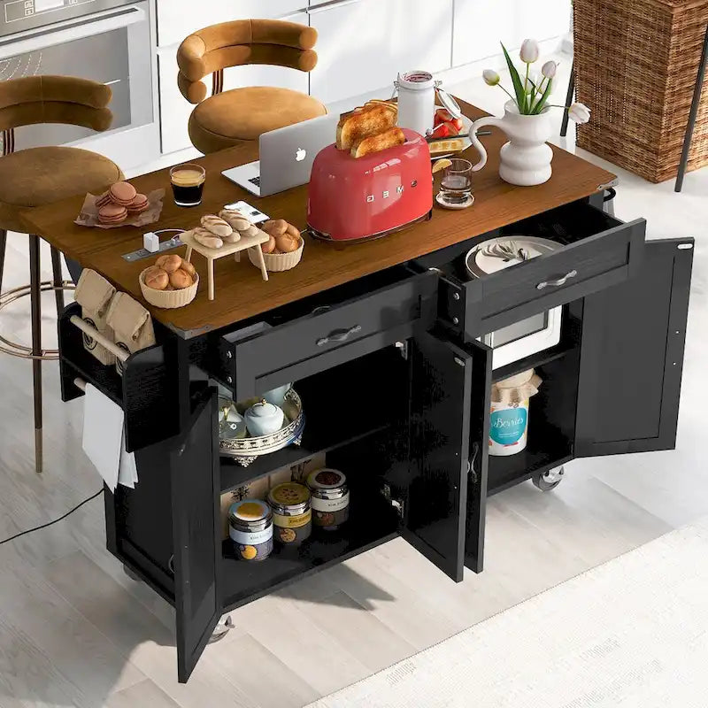 53.5-Inch Farmhouse Kitchen Island with Power Outlet and Drop Leaf
