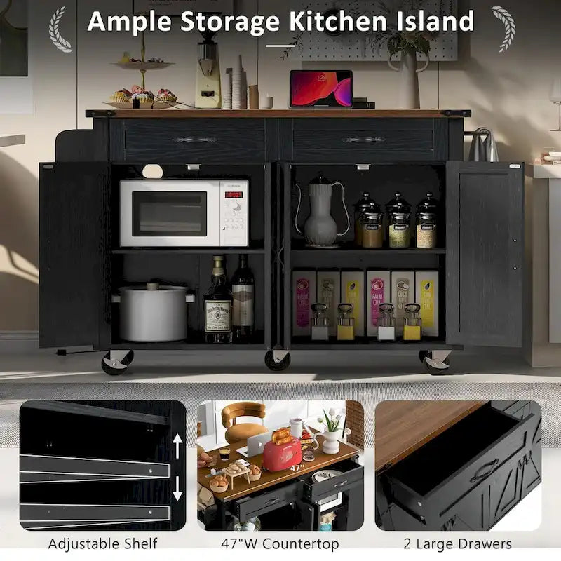 53.5-Inch Farmhouse Kitchen Island with Power Outlet and Drop Leaf
