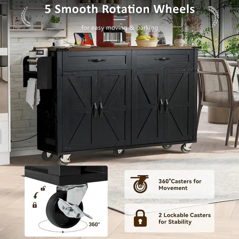 53.5-Inch Farmhouse Kitchen Island with Power Outlet and Drop Leaf