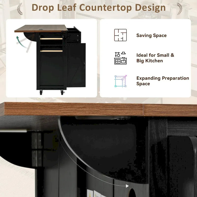 53.5-Inch Farmhouse Kitchen Island with Power Outlet and Drop Leaf