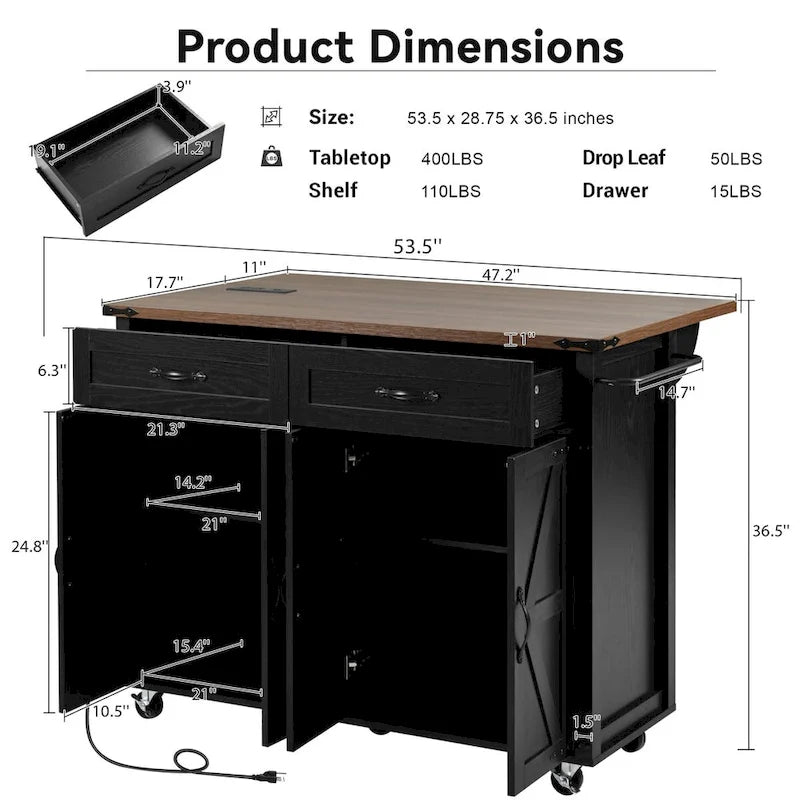 53.5-Inch Farmhouse Kitchen Island with Power Outlet and Drop Leaf